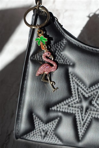 Rhinestone Flamingo Keychain With Tropical Palm Tree Charm - Etsy