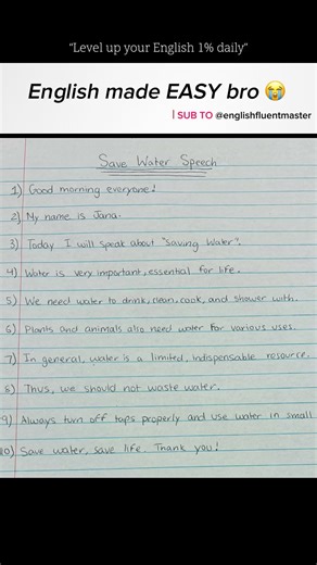 “Save Water” English Speech💧| English for Beginners #learnenglish #speakenglish #learningenglish 📚