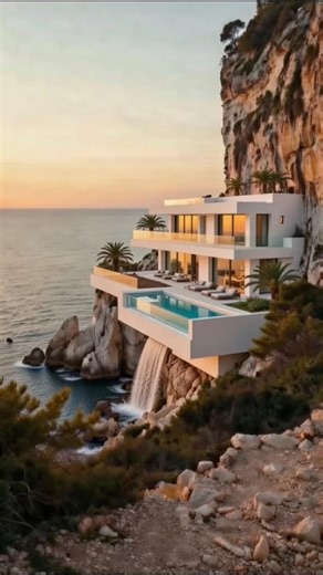 Luxury Cliffside Villa Build with Infinity Waterfall Pool 🌅 #luxuryhomes #shortvideo #trending