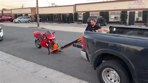 Iconic Motorbikes on Instagram: "One last post for the day with a couple things to share that you’re sure to like. One of our wonderful clients came by to pick up his new Ducati that he bought from our auction site and had us service. He has one of those very cool bike loaders by @neo_dyne_loaders . Takes the risk out of ramps and a great “ONE MAN solution” for loading bikes into your truck. Frank was a huge help today. Him and I demo’d out the old ugly single door entry and put in these awesome
