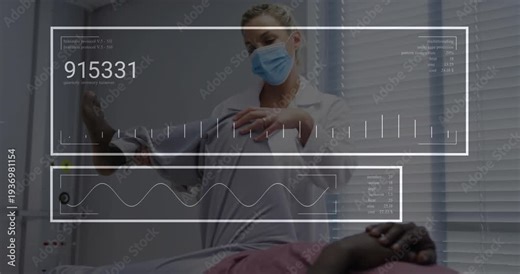 Female provider entering, lifting and rotating patient's leg for exam while data overlays updating