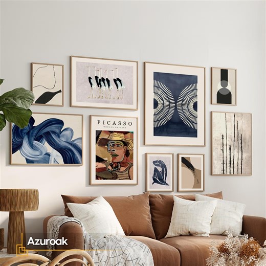 Navy Blue Gallery Wall Set Framed, Curated Indigo Abstract Wall Art Prints, Organic Modern Living Room Decor - Etsy