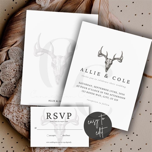 Western Wedding Invitation Template, Whitetail Skull Wedding Suite, Rustic Modern Wedding Invite and RSVP, Editable Desert Noir, Minimalist - Etsy