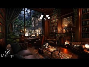 Manor Library | Night Rain Ambience | Fireplace & Thunderstorm Sounds