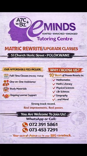 Want to upgrade/improve your Grade 12 marks?📚 We have full-time Matric Rewrite/Upgrade classes, the experience and support you need to improve your marks at affordable rates. You just need to show up💯, Polokwane. WhatsApp us now! #MatricRewrite #MatricUpgrade #SecondChance #BetterResults #MathSciencesAndMore