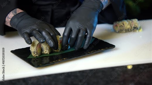 Professional chef preparing sushi step by step in a modern kitchen. Includes slicing fresh fish, cooking and seasoning rice