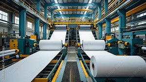The paper factory process shows large white paper rolls being made, showcasing the efficiency of modern machinery and mass production