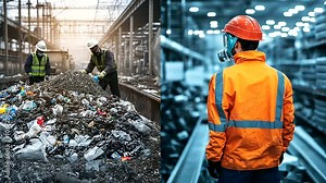 A close-up comparison of waste sorting on one side, workers handle dirty, unsorted trash in a chaotic landfill, and on the other