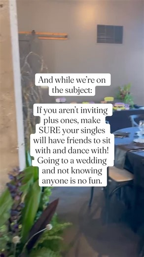 An Event Less Ordinary | Inclusive Wedding Coordinators on Instagram: "We completely understand not inviting partners for folks who aren’t too serious or plus ones just because. But if you don’t, make SURE those single folks have people to sit and chat with during dinner and to cut it up on the dance floor. No one wants to be alone at a wedding! Another pro tip: your guest count and seating chart are the hardest parts. 😬"
