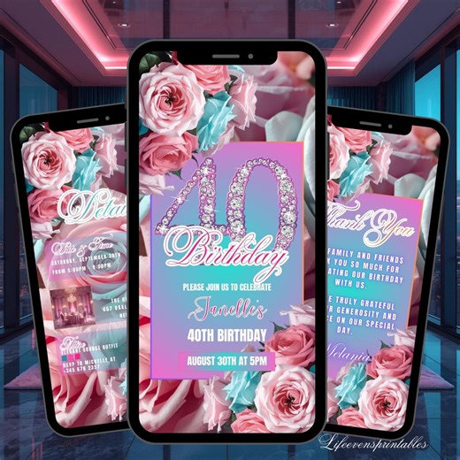 40TH Floral Birthday Invitation Template Pink, Fortieth Roses Digital Turquoise Dinner Text Invite Editable - Etsy