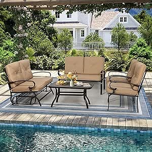 Oakcloud 5-Piece Outdoor Metal Furniture Sets Patio Conversation Set Wrought Iron Glider, 2 Single Chairs, Loveseat and Coffee Table, Brown