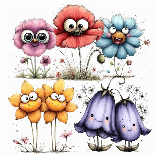 Quirky Flowers Funny Clipart: Cartoon Floral Graphics (digital Download - 20 Pngs) - Etsy