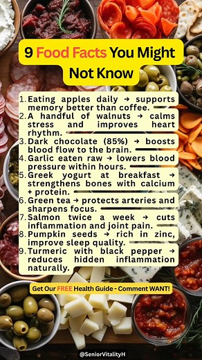 Many everyday foods offer surprising health benefits especially for seniors over 50 who need extra support for memory, heart health, digestion, and inflammation control. Apples contain natural polyphenols that support memory better than caffeine, while walnuts provide omega-3s that calm stress and stabilize heart rhythm. Dark chocolate with high cocoa content boosts blood flow to the brain through nitric oxide, and raw garlic can help lower blood pressure within hours due to its natural allicin 
