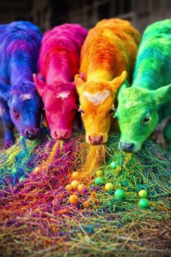 Colorful Calves Eating Rainbow Hay 🐄🌈 #shorts