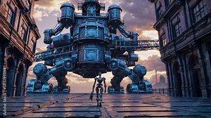 Humanoid Robot, Gothic Architecture, Moody Lighting in Indoor Setting for Promotion