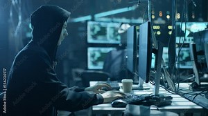 Nonconformist Teenage Hacker Girl Attacks Corporate Servers with Virus with Her Team. Room is Dark, Neon and Has Many Displays and Cables. Shot on RED EPIC-W 8K Helium Cinema Camera. Stock Video