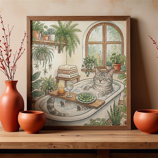Tabby Cat Spa Day Watercolor Art, Funny Tabby in Bathtub Print, Botanical Bathroom Wall Decor, Cat Mom Gift, Digital Download - Etsy
