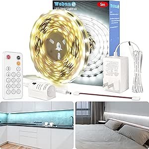 WOBANE White LED Strip Light, 16.4ft Motion Activated Light Strip with Remote and Adapter, Night Light, Dimmable, PIR Function, 300 LEDs Rope Light for Closet,Kitchen Cabinet,Room,Wardrobe,White