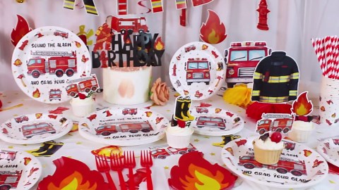 219pcs Firetruck Birthday Decorations Tableware Include Fire Truck Plates and Napkins Set, Cups, Banner, Hanging, Tablecloth, Cake Topper, Cupcake Topper for Firefighter Party Decorations Serve 24