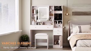 Vanity Desk with Mirror and Lights, Glass Top Vanity Table Makeup Vanity with Lights and Charging Station & Sliding Door, Glass Top Vanity with 3 Drawers and Jewelry Cabinet, 42.8inch