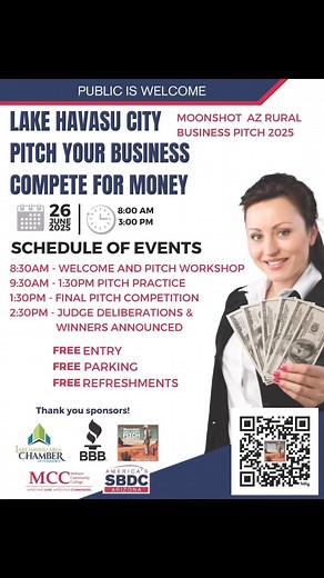 🚨 Attention Lake Havasu business owners. Enjoy sharktank! want to learn how to pitch your business and compete for prizes? Don't delay register to compete in the Moonshot Rural Business Pitch in Havasu, Thursday June 26th. Hurry, space is limited! https://www.moonshotaz.com/moonshotpitchtour.html | Bullhead & Laughlin News