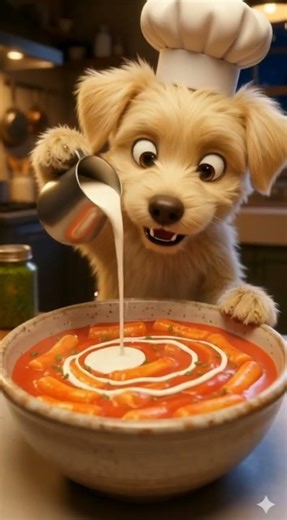 Watch the Color Change! 😱 Chef Bibim-mung’s Creamy Rosé Tteokbokki 🧡 #dogchef #bibim #cheflife