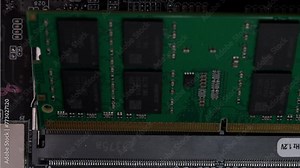 RAM DDR4 Sodimm Installation in PC with Connector on Motherboard Background. High quality photo