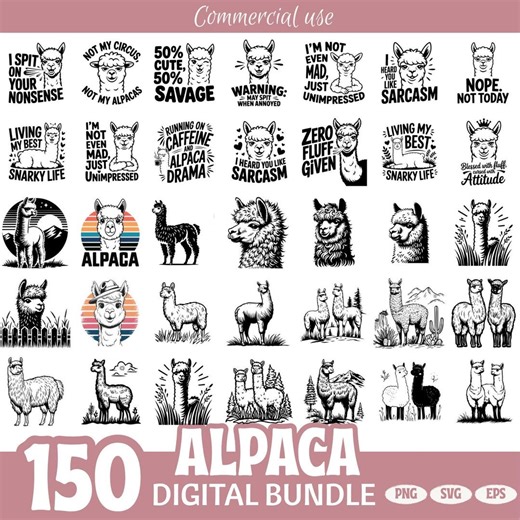 Funny Alpaca SVG PNG Bundle, Cute Sarcastic Llama Sublimation Designs, Digital Farm Animal Clipart, Vintage Retro Alpaca Graphics - Etsy