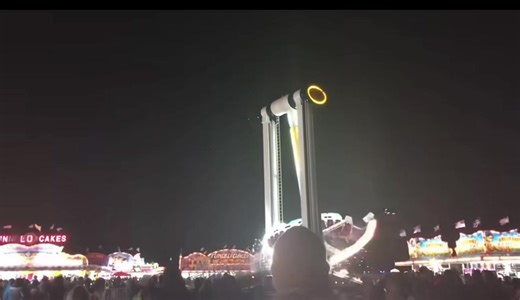 Carnival Ride Breaks Apart Mid-Spin After Mechanical Failure State Fairgrounds — A dramatic malfunction was caught on camera after a large carnival ride suffered a mechanical failure and began breaking apart while still spinning at full speed. The footage shows the illuminated ride rotating high above the midway when a sudden jolt sends sparks and debris flying from one end of the structure. Moments later, a section of the ride visibly separates, swinging unnaturally as the remaining arm continu