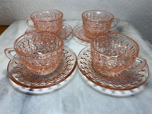 Vintage Depression Glass Pink Bows and Buttons Teacups and Saucers - Set of 4 - Etsy
