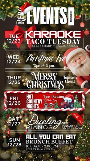 Red Engine Brewing Company on Instagram: "🎄 A huge week of holiday fun is here at REBC! 🎅✨ 📍 TUES 12/23 – Karaoke Taco Tuesday Kick off Christmas week with tacos, cold beer, and karaoke! DJ Steve Sharp is in the taproom and Tacos Rebeca is serving from 4pm. 📍 WED 12/24 – Christmas Eve We’re open 4–9pm! Bring the family, grab a pint, and enjoy some festive cheer before Santa arrives. 🎁🍻 📍 THURS 12/25 – Christmas Day Merry Christmas! 🎄 Taproom is closed so our crew can celebrate with loved