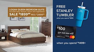Receive a 30-ounce Stanley Tumbler and up to $200 in Mastercard® rewards card when you spend $2499 during the Presidents Day Sale. | HOM Furniture
