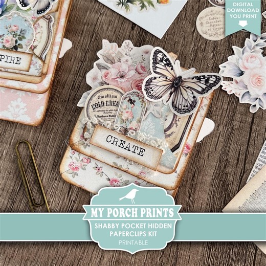 Shabby Pocket Hidden Paperclips Kit, 3, Junk Journal, Paper Clip, Bookmark, Shabby Victorian, My Porch Prints, Printable, Digital Download - Etsy