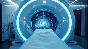 A futuristic MRI bodyscan powered by artificial intelligence, showcasing advanced medical imaging technology and precision diagnostics, seamlessly integrating AI for enhanced healthcare, motion video Stock Video
