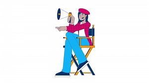 Female film director on chair with megaphone cartoon animation. Movie industry 4K motion graphic. Filmmaker indian woman directing pose animated 2D character isolated on white background