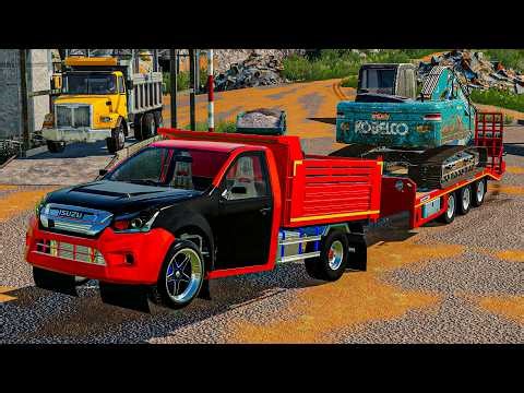 กระบะดั้มลากพ่วงย้ายแม็คโครขึ้นเขาไปโรงโม่ FARMING SIMULATOR 19