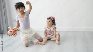 Asian girl playing with hand puppet to her younger sister at home. Stock Video