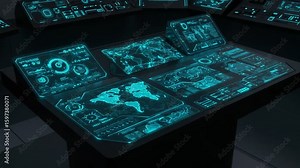Futuristic control panel displaying global data and maps