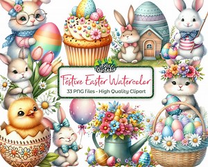 Festive Easter Watercolor Clipart | Cute Bunnies, Eggs, Flowers and Spring Elements |high-quality Easter Bunny PNG for Sublimation & Crafts - Etsy
