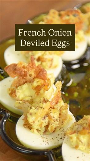 We took everything we crave about French onion soup and channeled it into one of the best deviled egg recipes we’ve ever tasted. 😋 Try the recipe below or save it for later at the link in our profile! Ingredients: - 2 Tbsp. olive oil - 1 cup finely chopped sweet onion (from 1 medium [8 oz.] onion) - 3/4 tsp. kosher salt, divided - 1 tsp. sherry vinegar - 6 large eggs - Ice - 2 Tbsp. mayonnaise - 1 tsp. Dijon mustard - Crispy Gruyère Onions (recipe follows) Directions: 1. Heat oil in a medium-si