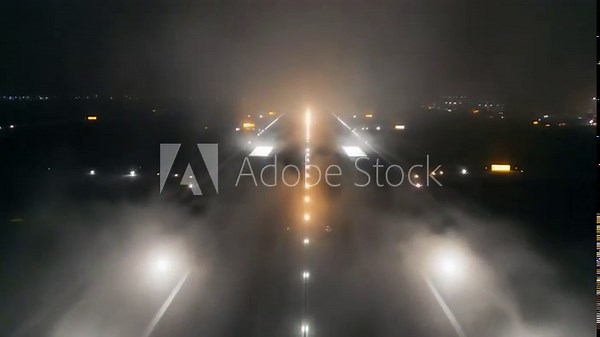 Nighttime runway lights, fog, and atmospheric perspective guide the landing of an aircraft