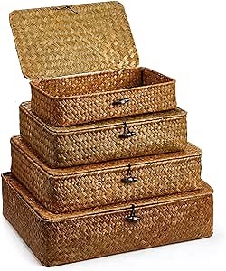 Didaey Set of 4 Seagrass Basket with Lid Wicker Storage Basket Decorative Storage Boxes with Lids Flat Storage Bins Woven Organizer Baskets for Shelf Closet Bedroom, 4 Sizes (Brown)