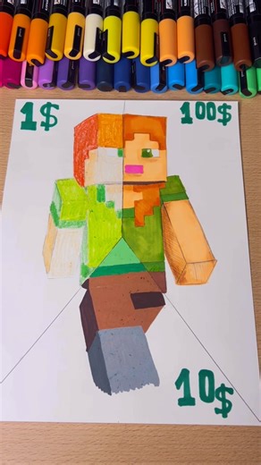 Drawing Alex from Minecraft with 1$, 10$, and 100$