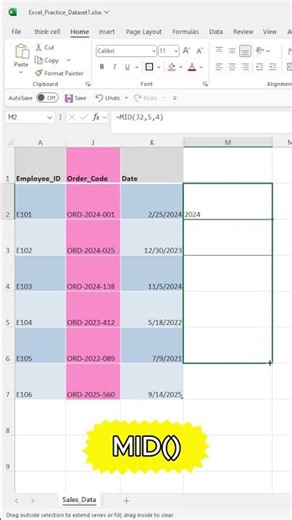 Extract Year from Code with Excel MID Function 🔍 #shorts #shortvideo #excel #exceltutorial #trending