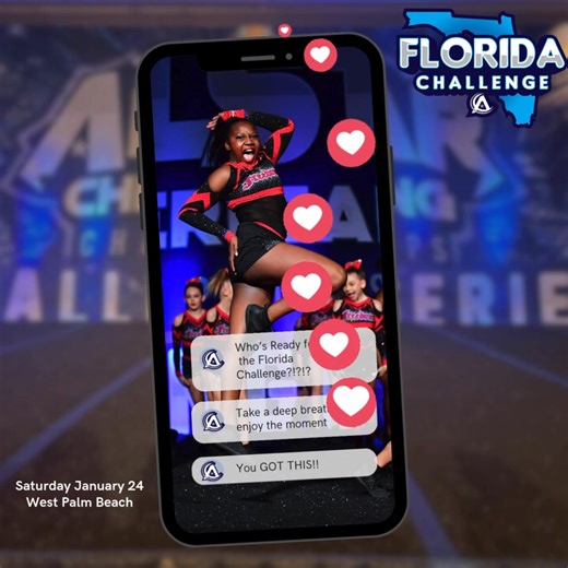 Florida are you ready to Step Up to the Challenge next season!! Join The Allstar Cheerleading Championships in West Palm Beach to compete for Bids! 1 Paid Bid ASWC 1 Paid Dance Bid ASWC 8 At Large Bids PRGN 4 Partial Paid PRGN Bids Earn at ALL Events: Custom Event Medals Level Champ Rings Grand Champ Baseball Jerseys Athlete Gifts Coaches Room Placement and Specialty Banners TheAllstarCheerleadingChampionships.com Registration@TheAllstarCheerleadingChampionships.com | The Allstar Cheer Champions