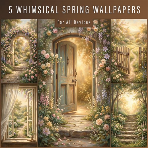 5 Whimsical Spring Wallpaper Bundle, Cottage Garden Scenes Pack, Floral Path, Nature Backgrounds for iPhone Android Desktop Tablet & TV 4K