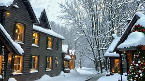Snowy village street lined with cozy houses, warmly lit from within. A Christmas tree decorated with festive lights stands by the road, creating a magical winter atmosphere. 4K video