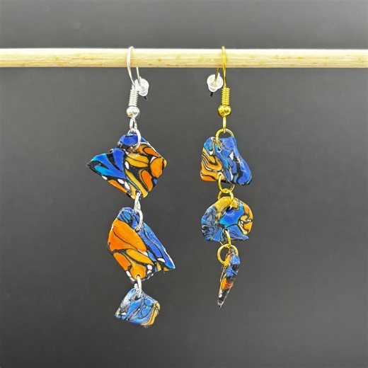 Asymmetrical Monarch Butterfly Polymer Clay Fragment Earrings | Blue Orange Marbled | Silver or Gold | Pierced or Clip on | Insect Jewelry - Etsy