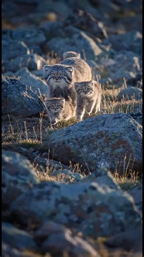 Planet tiger , Planete tigre on Instagram: "At dawn, when the mountains are still blue with cold, the Pallas’s cat mother slowly steps out from her rocky shelter. Her thick fur ripples in the dry wind of the steppe. She pauses. Watches. The world is quiet. Then, a tiny nose appears, followed by another. One by one, the kittens tumble out of the den, like little living balls of wool. Their round eyes study the world seriously, as if they already understand that the mountain is not a playground, b