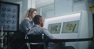 Airport Security Checkpoint: Baggage Restrictions Sign. Rack Focus on Two Multiethnic Security Officers Monitoring X-ray Images of Baggage Screening Procedure on Computer Screens Using Modern Program.